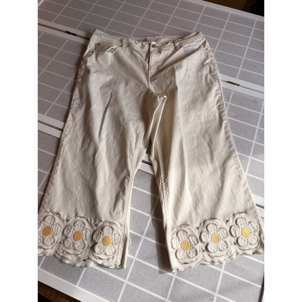 CEST 1946 Denim Cropped Wide Leg Trouser Women Sz 20W Cream Floral Daisy Cutout